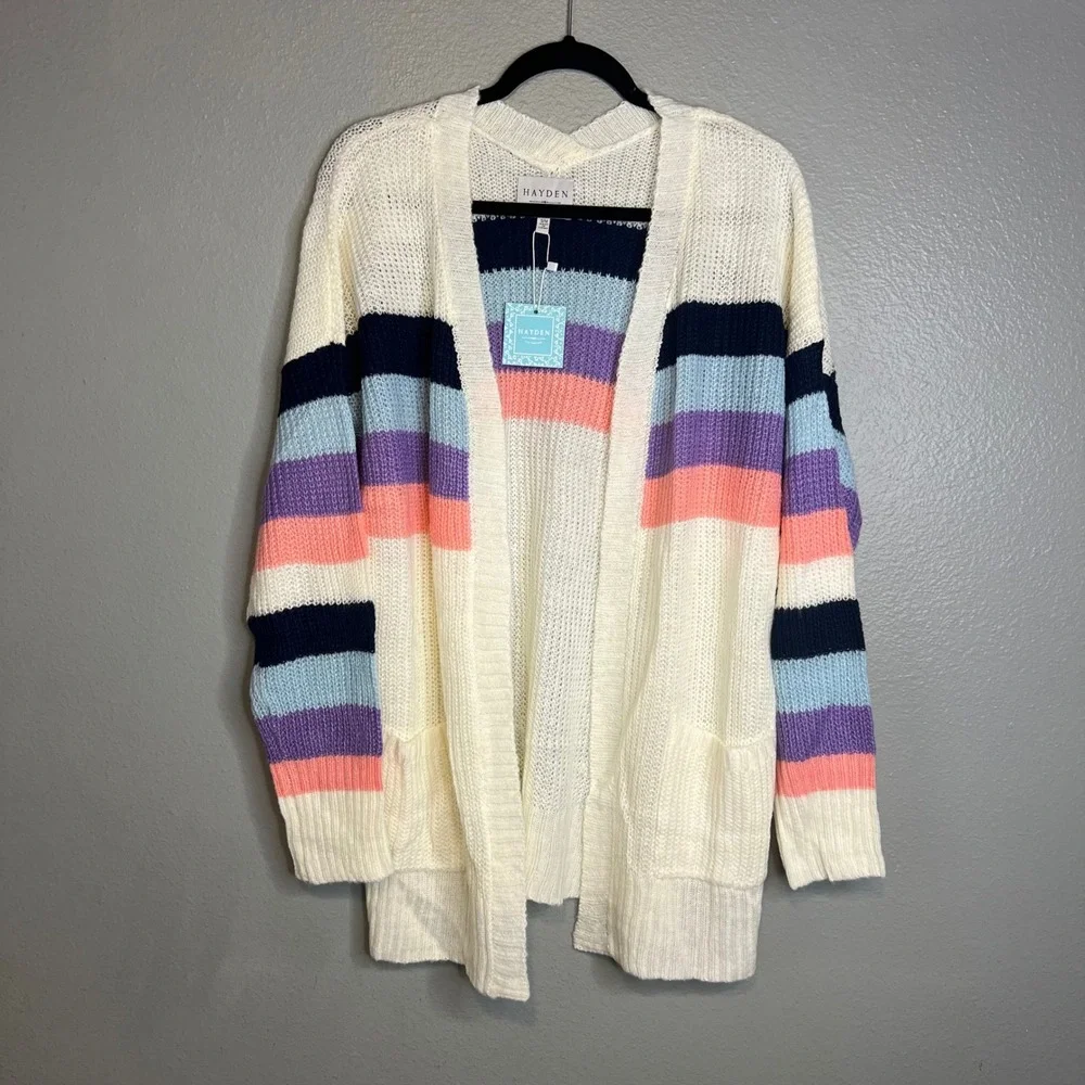 Hayden Cardigan Sz S/M Cream Rainbow Striped Open Front Pocket Long NWT - Picture 1 of 10